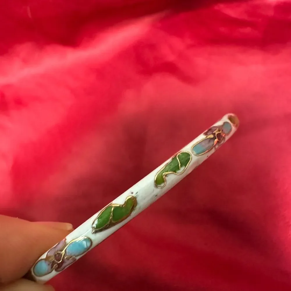 Vintage White Cloisonne Enamel Bangle Bracelet Flowers women’s Jewelry 827